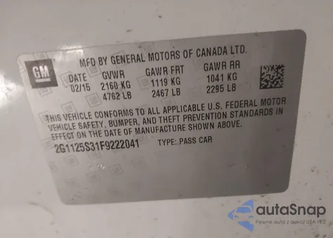 2015 Chevrolet Impala 2Lt from USA, damaged, VIN 2G1125S31F9222041
